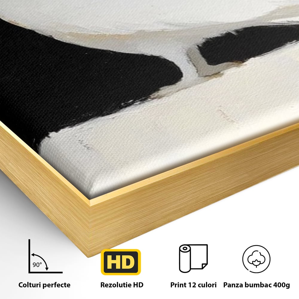 Detaliu al suprafetei: tablou canvas cu bufnita alba, in rama de aluminiu auriu